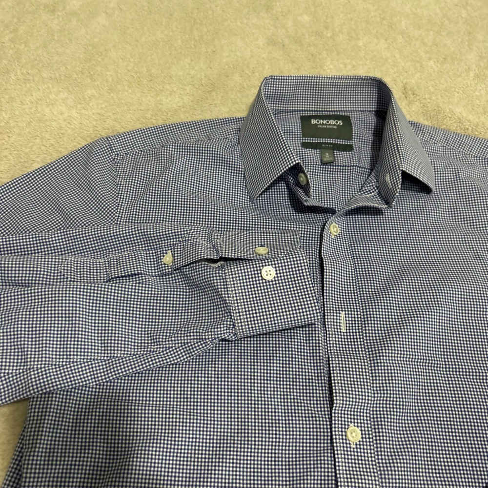 Bonobos Dress Shirt Mens 16 34 Blue Gingham Slim Fit Italian Shirting
